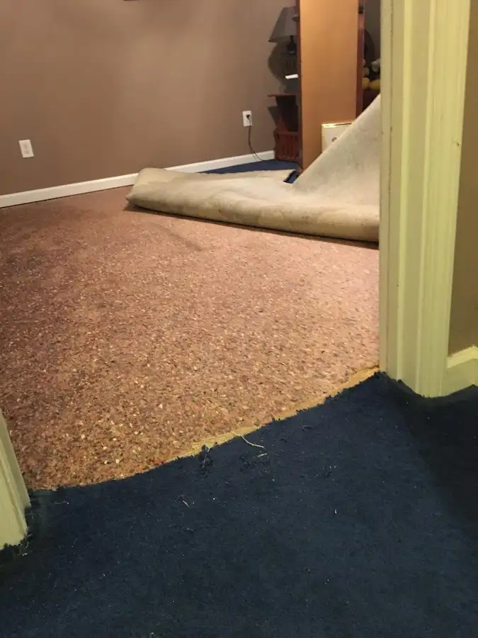 Carpet pad removal revealing water damage during Water Mitigation Services in Dinuba